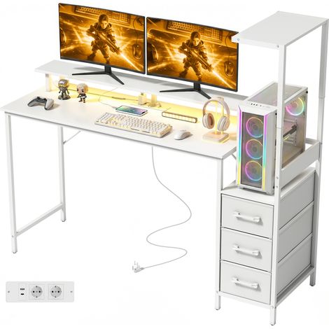 HOMCOM Scrivania Gaming 147 cm, Ricarica e Luci RGB, Bianco