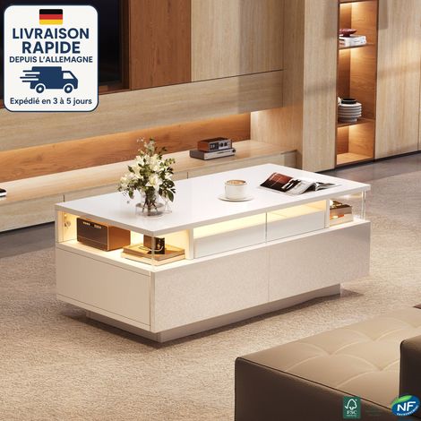 MODFU - Mesa de centro rectangular LED con espacio de almacenamiento, 2 cajones y 1 bandeja, mesa auxiliar para sofá, 90 x 45 x 35 cm, color blanco (1/5)