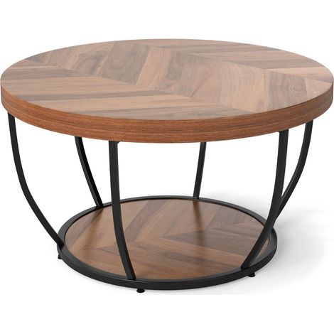 Tavolino rotondo 80 x 80 x 45 cm con 2 ripiani portaoggetti stile rustico industriale legno nero naturale 200019201