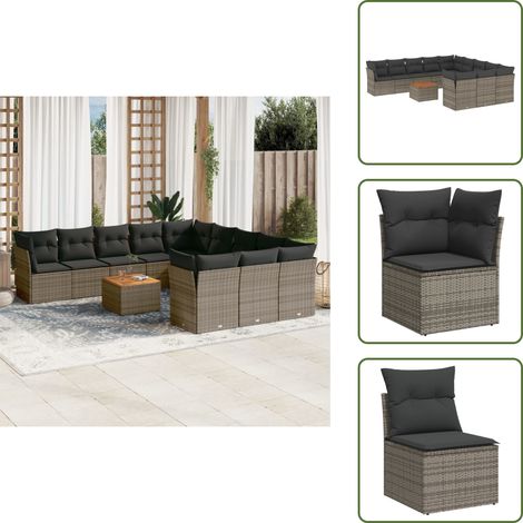 12-tlg. Garten-Sofagarnitur mit Kissen Grau Poly Rattan - Gartenmöbel Set - Outdoor Möbel - Rattan Sofa - Lounge Set - Esstisch (1/5)