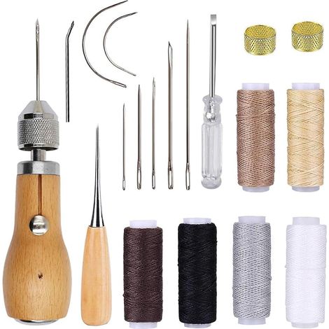 Kit de couture manuel pour cuir - Avec poinçon, rouleaux de fil ciré, anneau en laiton, aiguilles à coudre bricolage à la main outil outils pour réparation de moquette, cuir et toile (1/5)