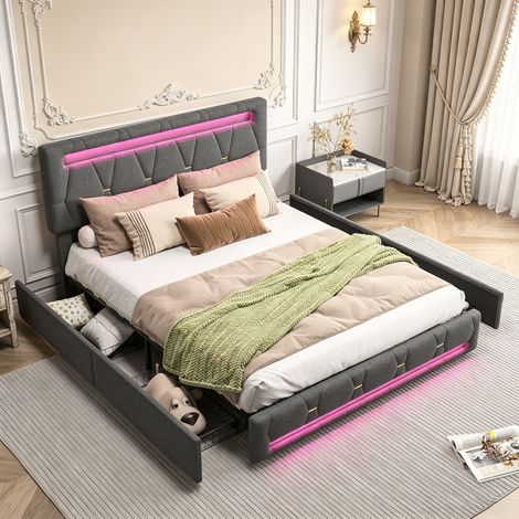 Polsterbett 140 x 200 cm mit 4 Schubladen, mehrfarbiger LED-Beleuchtung, verstellbarem gepolstertem Kopfteil, modernes Erwachsenenbett – Grau
