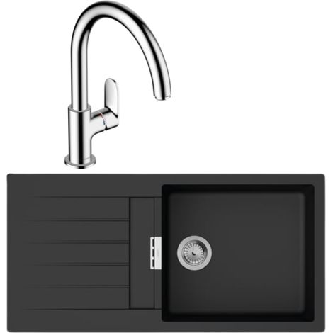 Evier 1 bac 980 HANSGROHE S52 synthèse noir + robinet de cuisine HANSGROHE Vernis Blend M35 210 chromé (1/4)