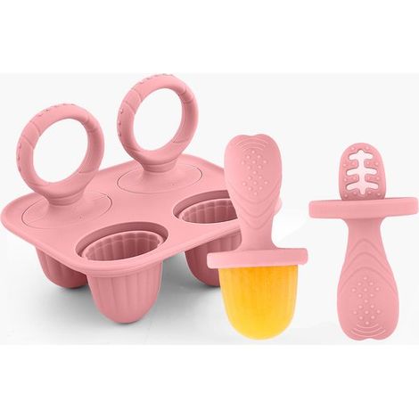 Moule à glace en silicone pour bébé avec support et poignée ronde, sans BPA, anneau de dentition et aide alimentaire pour poussées dentaires, rose foncé (1/5)