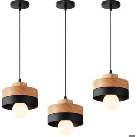 3x Moderne Suspension Luminaire Industriel,Vintage Lustre Abat-jour en Bois Design Colonne E27 Lampe de Plafond Style Nordique (1/5)