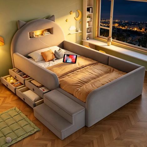 Cama tapizada infantil 211x97.5x102.5 cm, cabecero con orejas, almacenaje, luz nocturna, USB, terciopelo gris claro (1/5)