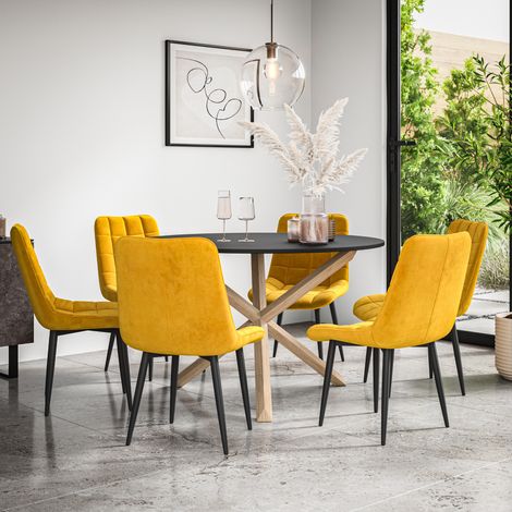 Malvern Round Dining Table And Chairs - Black Table Top w Solid Oak Legs + Nova Velvet Dining Chair Set Of 6 (Mustard) (1/5)