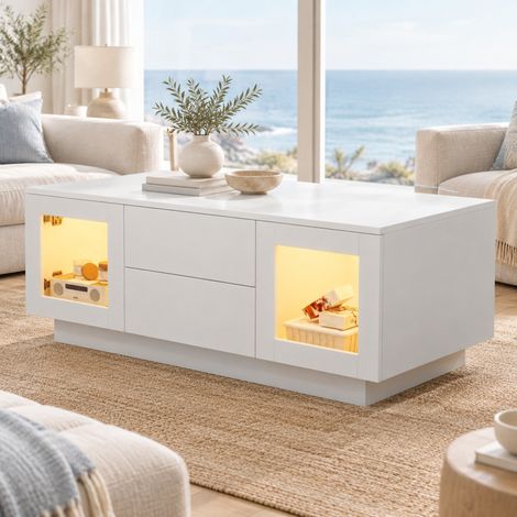 Mesa de centro con almacenaje 100x50x40 cm MDF blanco LED RGB para salón moderno - CHICFURN (1/5)