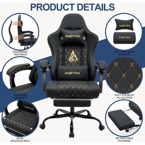 Fauteuil gaming ergonomique ANDYOU en cuir PU style racing - Confortable et réglable, noir