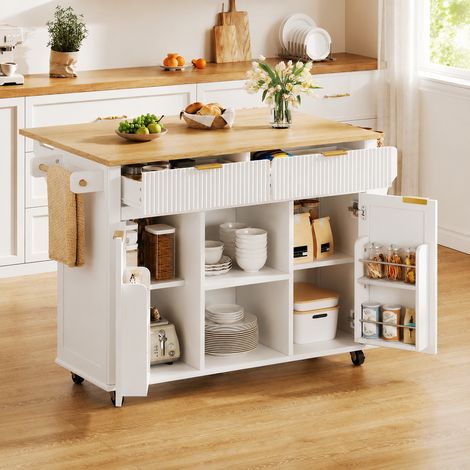 Îlot de cuisine extensible avec rangement, tiroirs et placards, desserte mobile sur roulettes (1/5)