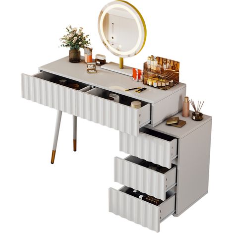 Coiffeuse blanche avec miroir lumineux LED et éclairage intégré - Ensemble vanité pour chambre à coucher, 5 tiroirs spacieux - Dimensions : L100/H127/P40 cm (tabouret non inclus) (1/5)