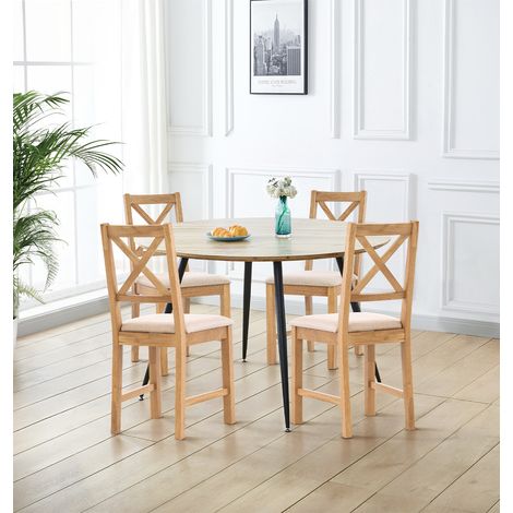 Hallowood Furniture Cullompton Large Round Dining Table and Chairs Set 4, Light Oak Effect Top & Cross Back Fabric Chairs, Modern Kitchen Table and Chairs for Restaurants, Apartments & Café (1/5)
