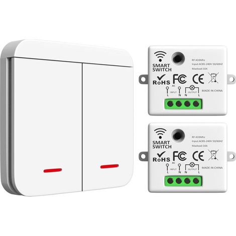 Kit d'interrupteurs sans fil, 433 MHz, 2 200 W/10 A, 1 interrupteur RF et 2 récepteurs, interrupteur d'éclairage, interrupteur sans fil intelligent pour intérieur (30 à 50 m)