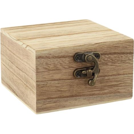 Boîte de rangement vintage en bois de paulownia carrée avec serrure en métal pour l'organisation de la maison et les cadeaux, décoration rustique 10 x 10 x 6 cm (couleur clair) (1/5)