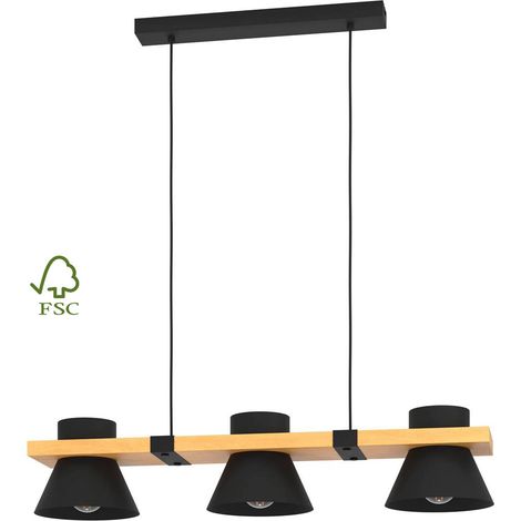 Lampadario A Sospensione Vintage Maccles Acciaio Nero Legno 3 Luci E27 (1/3)