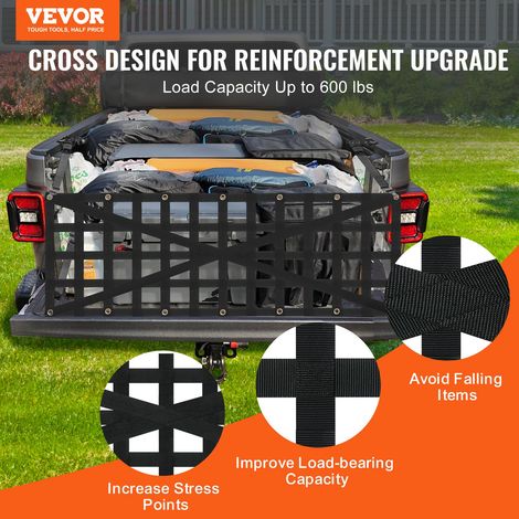 Filet de hayon, 1370 x 470 mm, filet de chargement robuste pour camion, 4 sangles télescopiques réglables, conception renforcée en croix, extensible et durable, pour pick-up, remorque, Jeep, SUV (1/5)