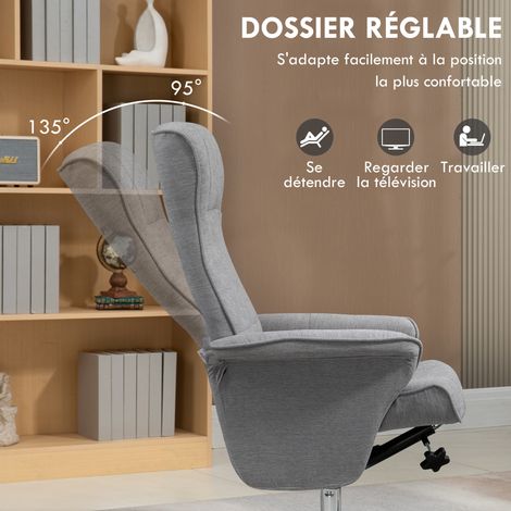 Fauteuil relax inclinable 135° pivotant 360° repose-pieds tissu gris (1/5)