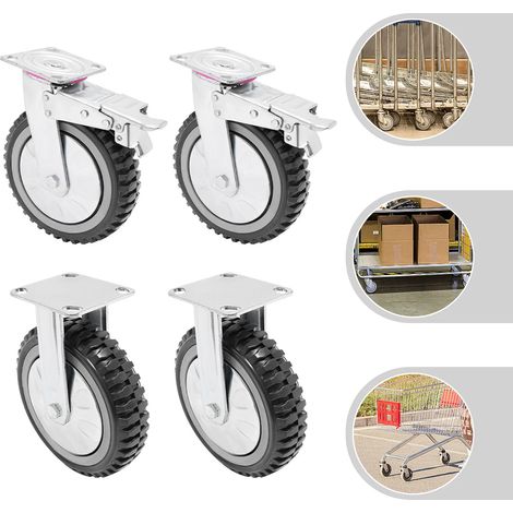 Roulettes pivotantes robustes de 20 cm (8 pouces), 4 pièces, antidérapantes, avec plateau supérieur à roulement à billes à 360° et frein (2 fixes), capacité de charge de 600 kg