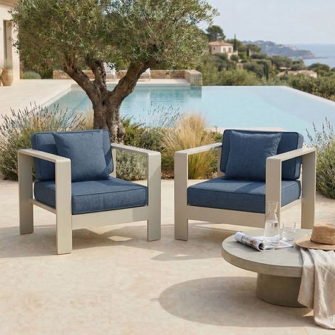 Lot de 2 fauteuils de jardin en alu crème et housse bleue (1/5)