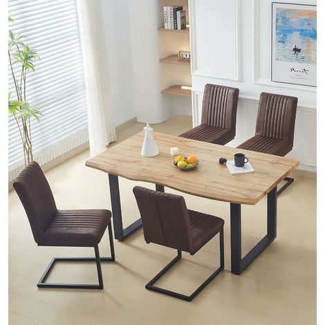 Hallowood Furniture Cullompton Large Wooden Dining Table and Chairs Set 4, Live Edge Effect Rectangular Kitchen Table in U Shaped Legs and Brown Chairs, Dining Room Sets for Home or Cafe (1/5)