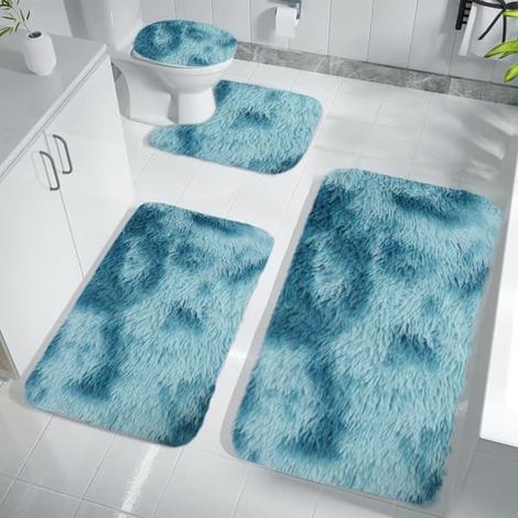 Tapis de bain, lot de quatre - tapis en microfibre ultra-doux et antidérapants, très absorbants et épais, adaptés à la salle de bain et à la cuisine. Bleu, noir, bleu (1/5)
