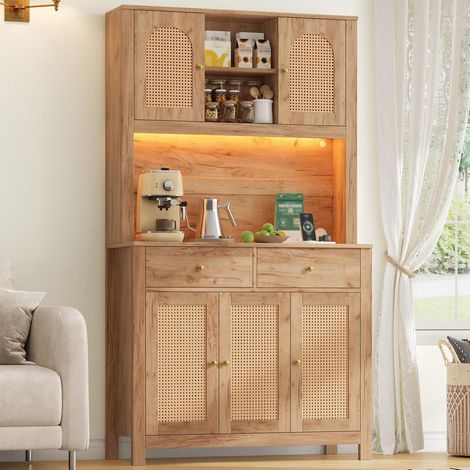 Alacena de cocina alta con led y enchufes - 100 x 40 x 180 cm - armario despensa con 5 puertas de ratán y 2 cajones para salón y comedor de mdf diseño moderno - natural (1/5)