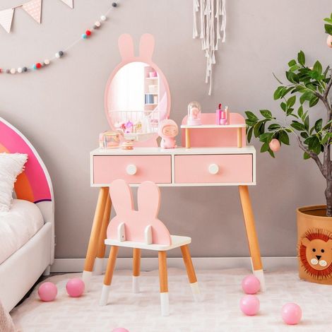 2 in 1 kinder schminktisch stuhl set mit spiegel 2 schubladen aufbewahrungsregal rosa