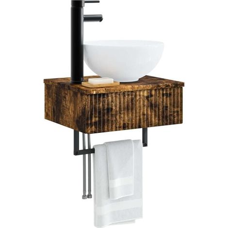 Lavabo Mural Suspendu 40x35 cm - Meuble Vasque Compact en Bois Couleur Chêne Fumé, Design Moderne pour Salle de Bain ou WC, 39 cm Hauteur (1/5)
