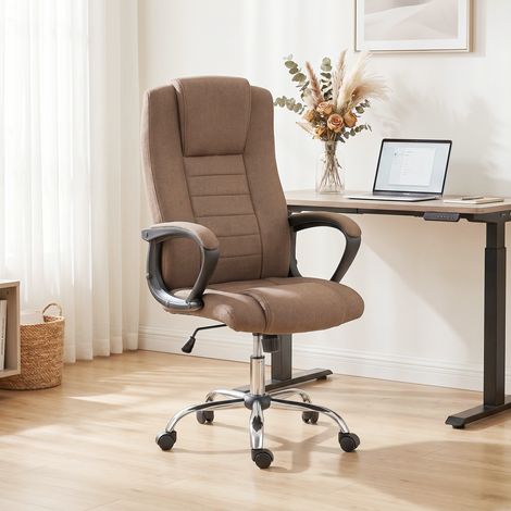 Fauteuil de bureau marron lin pivotant inclinable, appui‑tête, confort ergonomique (1/5)