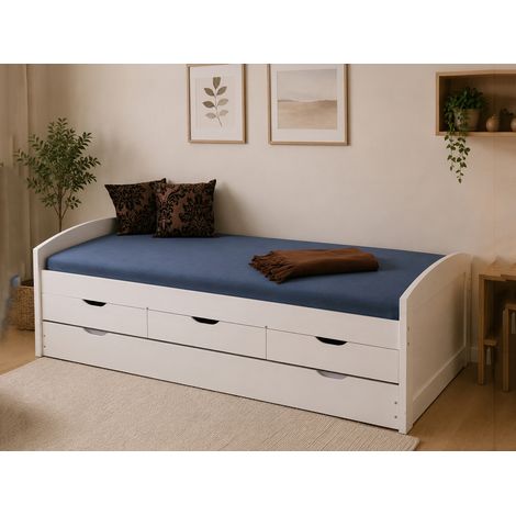 Dmora Lit simple avec lit gigogne inférieur et trois tiroirs, blanc, 98 x 63 x 195 cm (1/5)