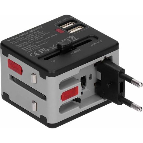 Adaptateur de voyage universel, adaptateur secteur international avec 2 ports USB, chargeur de prise 100 V à 240 V pour USA, AU, UK, EU couvre 220 pays(Gris) (1/5)