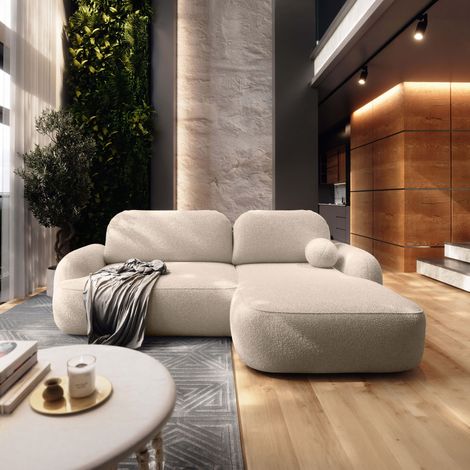 Loungitude – Canapé d'angle convertible 4 places avec coffre – Tissu bouclette beige – Couchage 145x200 cm – Confort mousse et ressorts zig-zag (1/5)