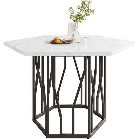 Table repas hexagonale 115 cm 4 chaises velours blanc OKMYHOME (1/5)