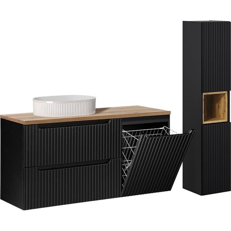 Set di mobili con lavabo singolo da 120 cm, cesto portabiancheria, 2 cassetti e colonna Riva Nero e Legno (1/5)