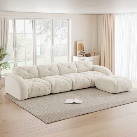 L-förmiger Sessel, modulares Sofa, viersitziges Ecksofa geeignet für das Wohnzimmer, rutschfeste Unterseite, keine Montage erforderlich, modulares Sofa mit Fußstütze, Weiß
WL