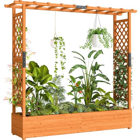 Jardinière surélevée avec treillis et toit. Idéale pour fleurs, fruits, légumes et herbes aromatiques. 196 x 44 x 181 cm. Bois. Orange.