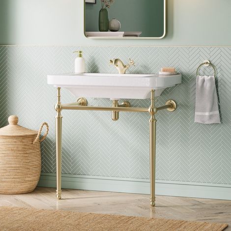 Signature Saga Basin with Brushed Brass Washstand 810mm Wide - 1 Tap Hole (1/5)