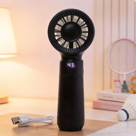 Tragbare, wiederaufladbare, intelligente schwarze Ventilator mit digitaler Anzeige, minimalistischem und spielerischem Design sowie stufenloser Geschwindigkeitsregelung – ideal für den Sommer. (1/2)