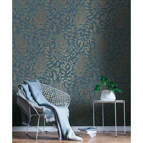 A.S. Creations – Papier peint expansé intissé bleu canard – Motif feuillage métallisé – Lessivable et strippable – Bonne résistance à la lumière