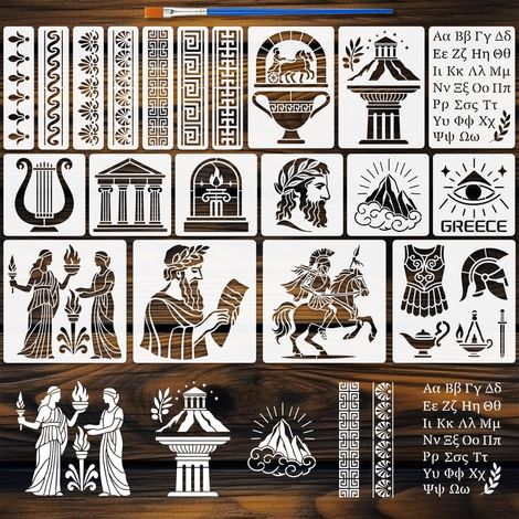 20Pcs Pochoir Peinture 4 Tailles Motifs Culture Grèce Antique Pochoirs Grèce Rome Architecture Personnages Modèles Avec Un Pinceau pour Planche Bois Meuble Décor Mur Maison (1/5)