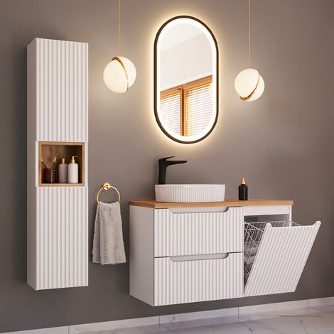 Waschtisch-Set mit Einzelwaschbecken (100 cm), Wäschekorb, 2 Schubladen und Hochschrank „Riva“ in Weiß und Holz (1/5)