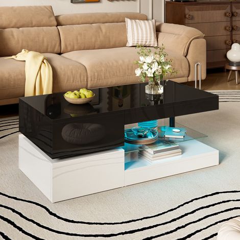 Couchtisch aus Holzwerkstoff in Schwarz-Weiß 90 cm mit LED und Glasablage