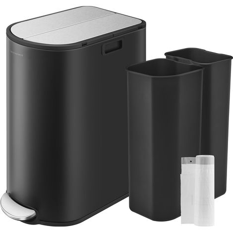 Poubelle de Cuisine Double, 30L et 20L, Poubelle Mince 2 Compartiments pour Tri et Recyclage des Déchets, avec Pédale et Couvercles Ailes, Noir d'Encre et Argent Métallique LTB570B02 (1/5)