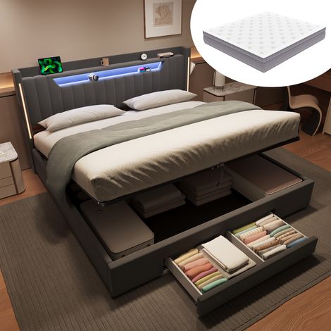 Etagenbett 180/200 cm en terciopelo gris oscuro con LED y arcón hidráulico (1/5)