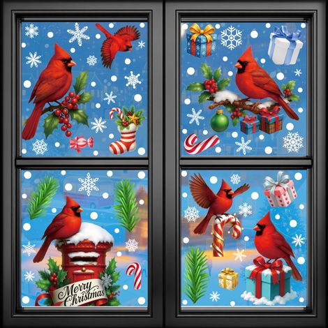 Décorations de Noël pour fenêtres, motifs d'oiseaux rouges mignons, décorations de portes et fenêtres vitrées pour chambre à coucher, autocollants statiques pour fenêtres - [Quatre combinaisons] 642+6