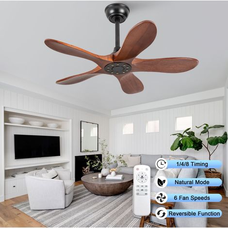 Ventilatore da soffitto 36 pollici senza luce, 5 pale in legno massello, 6 velocità, telecomando, noce nero (1/5)
