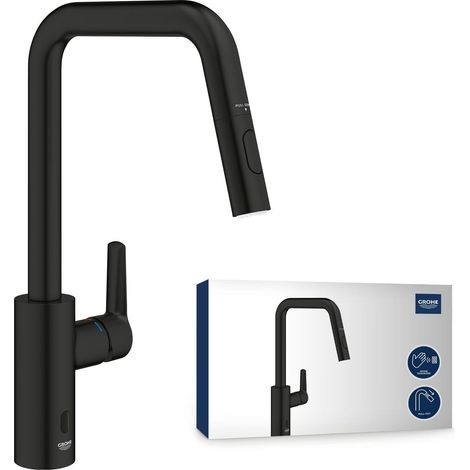 Grohe QuickFix Start - Mitigeur d’évier avec douchette extractible, alimentation par pile, noir mat 1012432430