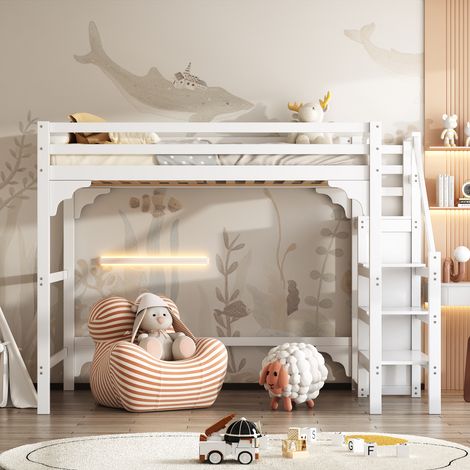 Cama Alta 140×200 cm, Cama Doble con Escalera con Almacenaje y Armario, sin Colchón, de Pino, Blanco (1/5)