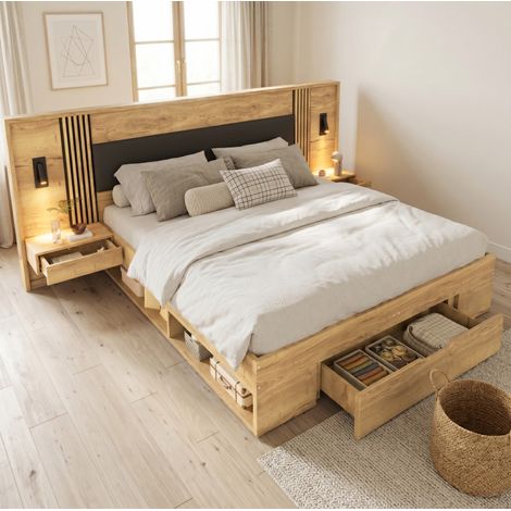 Cama doble moderna de MDF color natural 160x200/180x200 cm con cabecero acolchado, luces orientables y almacenaje (1/5)
