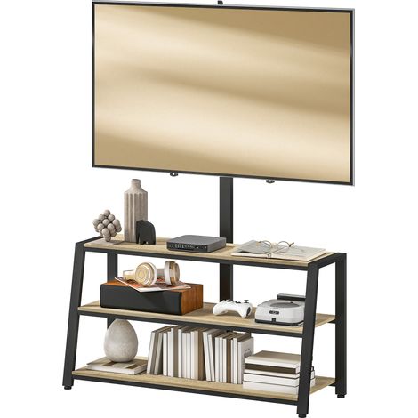 Meuble TV bois naturel 108x41x135cm, support TV 32-70 pouces, étagères ouvertes, angle ajustable 35°